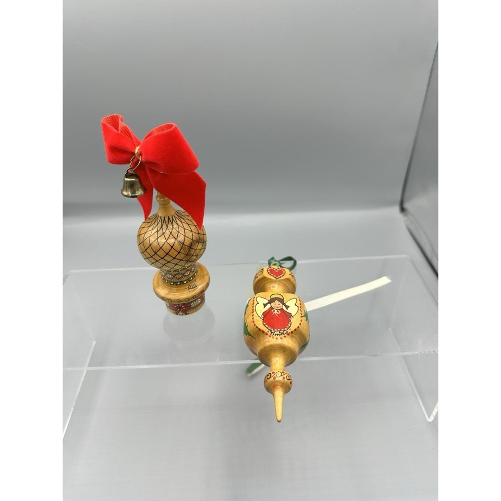 VTG Set of 2 Handturned Hardwood Christmas Tree Ornament Traditional Style 1989